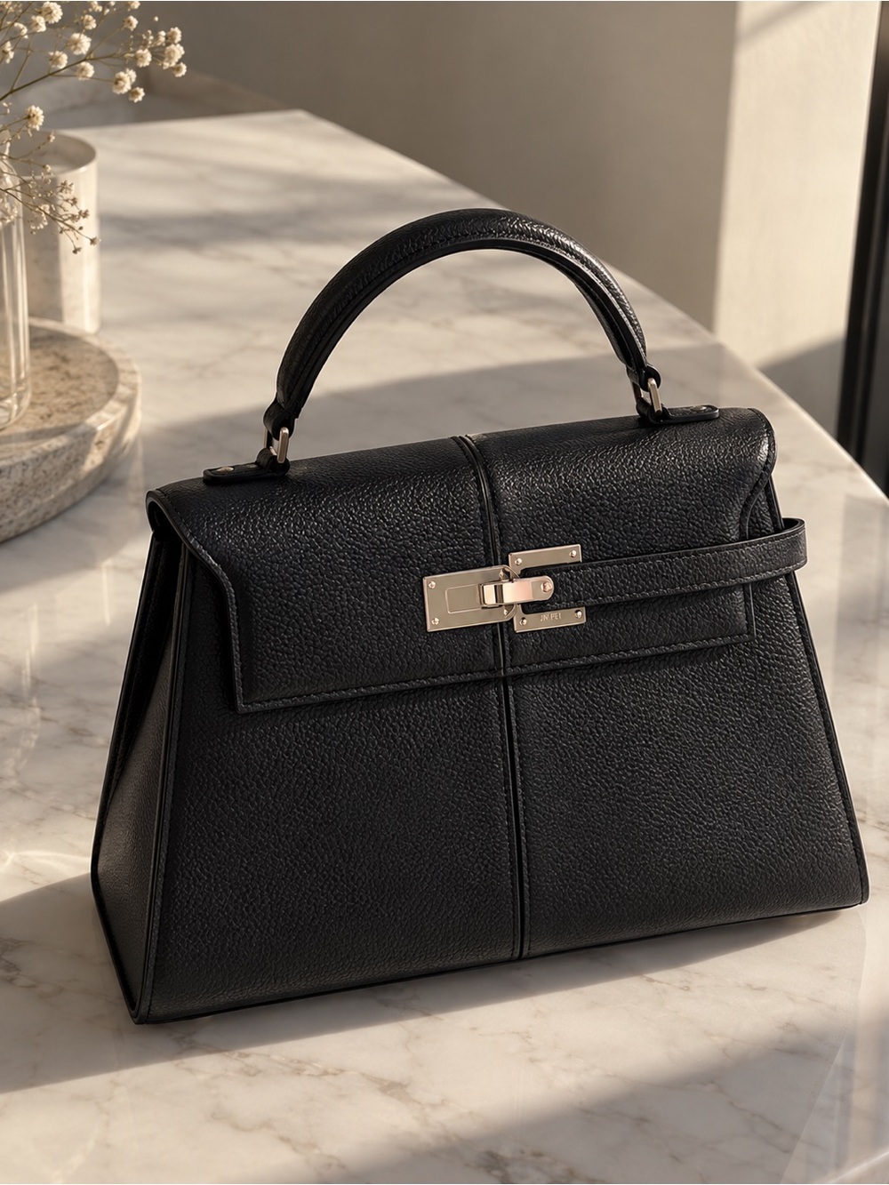 Classic Black Leather Top-Handle Bag